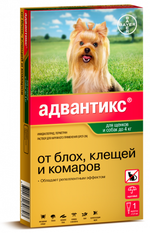 Адвантикс капли для собак весом до 4 кг от блох, клещей и комаров, 1 пипетка