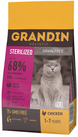 Grandin Sterilized корм для стерилизованных кошек в возрасте от 1 года до 7 лет, с курицей 400 г